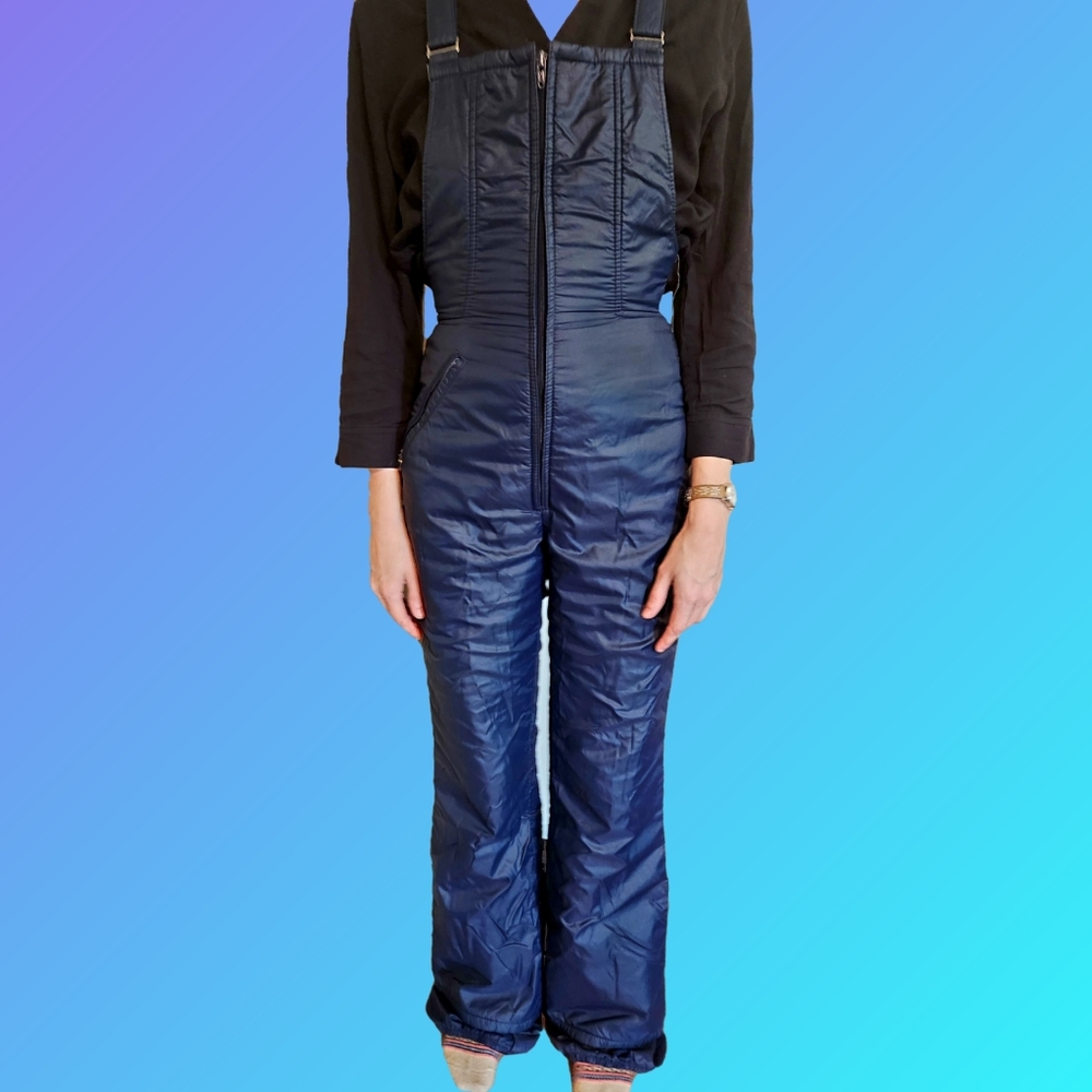 VTG Roffe Skiwear Womens Size XS Blue Puffer Snow Pants Bibs Overalls